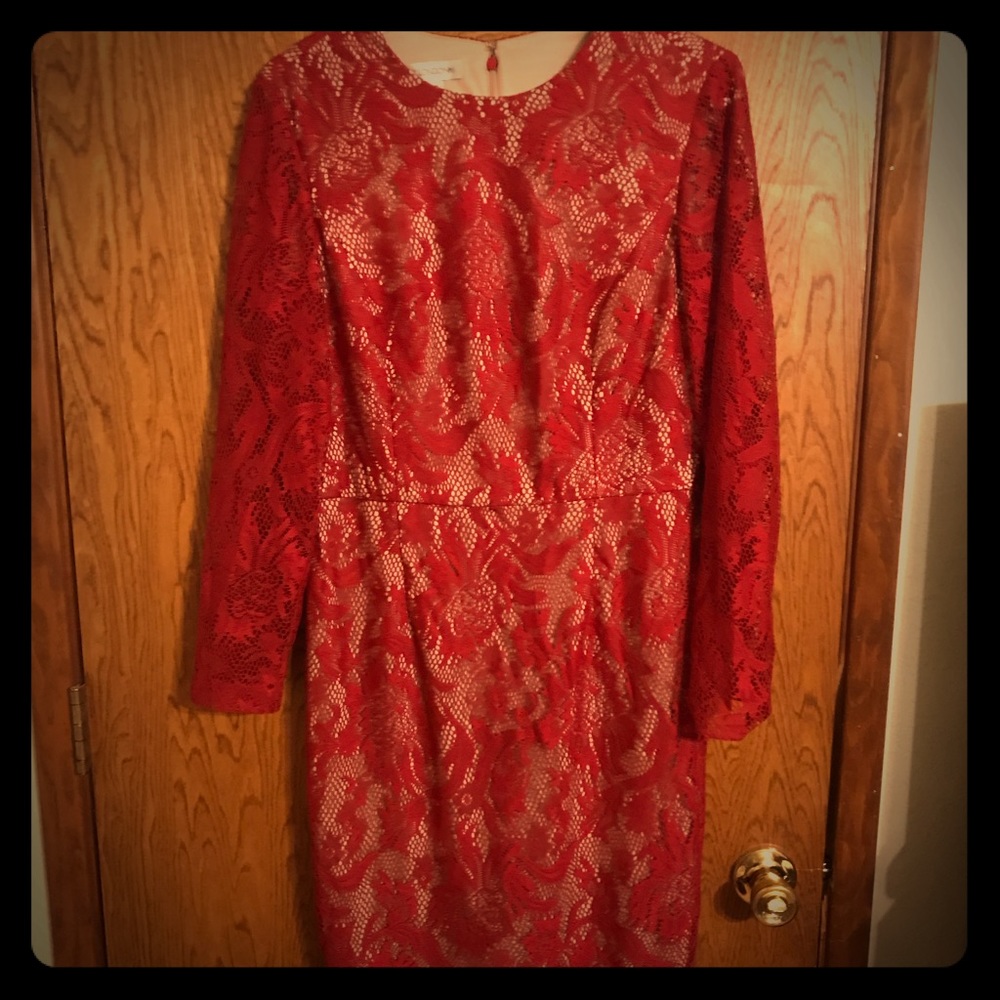 Red Lace Cocktail Dress w/Nude Underlay 12